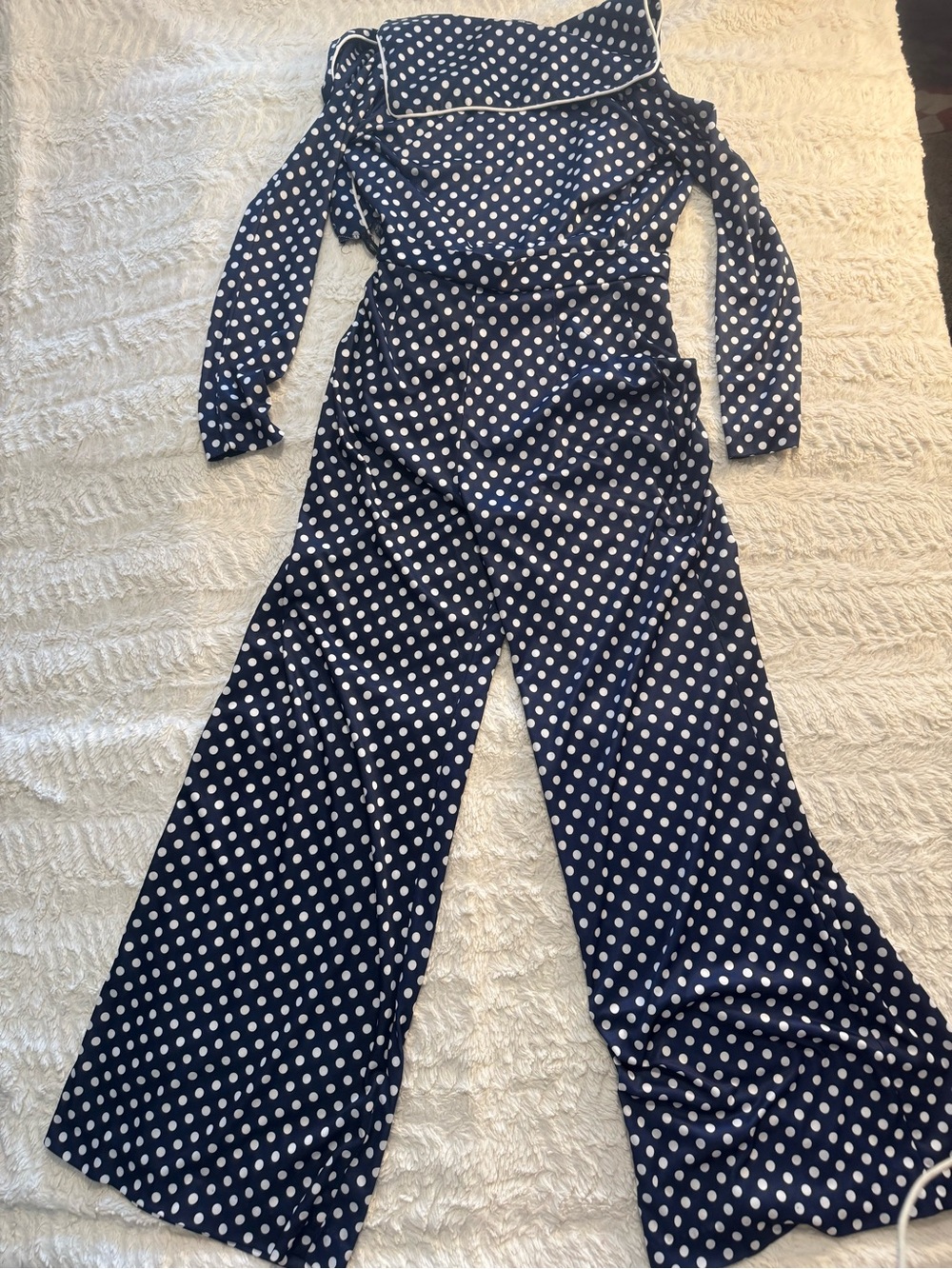 Vintage 70s Polka Dot Wide Leg Jumpsuit Tie Waist Disco Mod - Picture 8 of 9